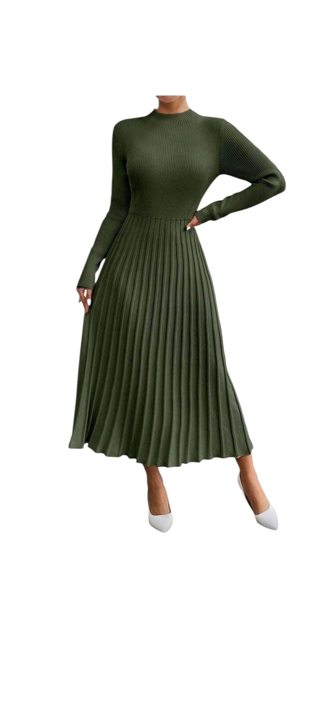 Long Sleeve Pleated Sweater Dress With Fringes