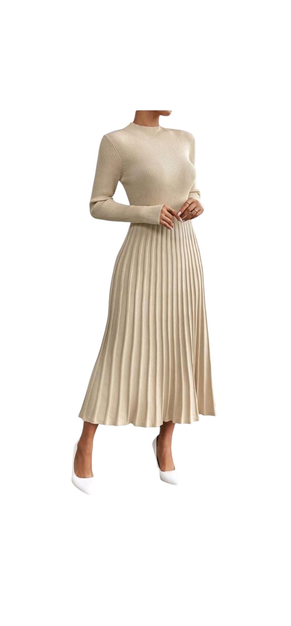 Long Sleeve Pleated Sweater Dress With Fringes