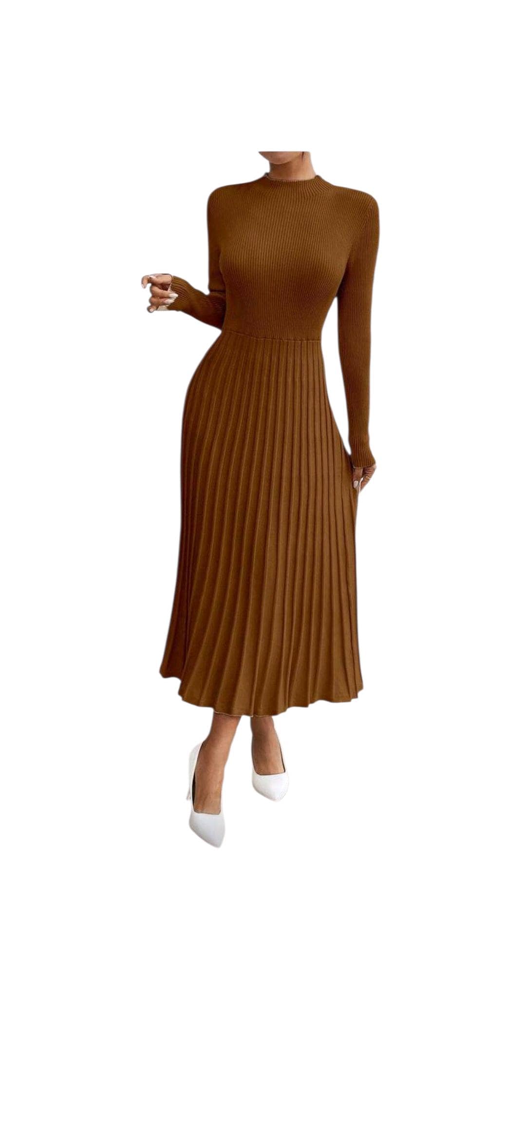 Long Sleeve Pleated Sweater Dress With Fringes