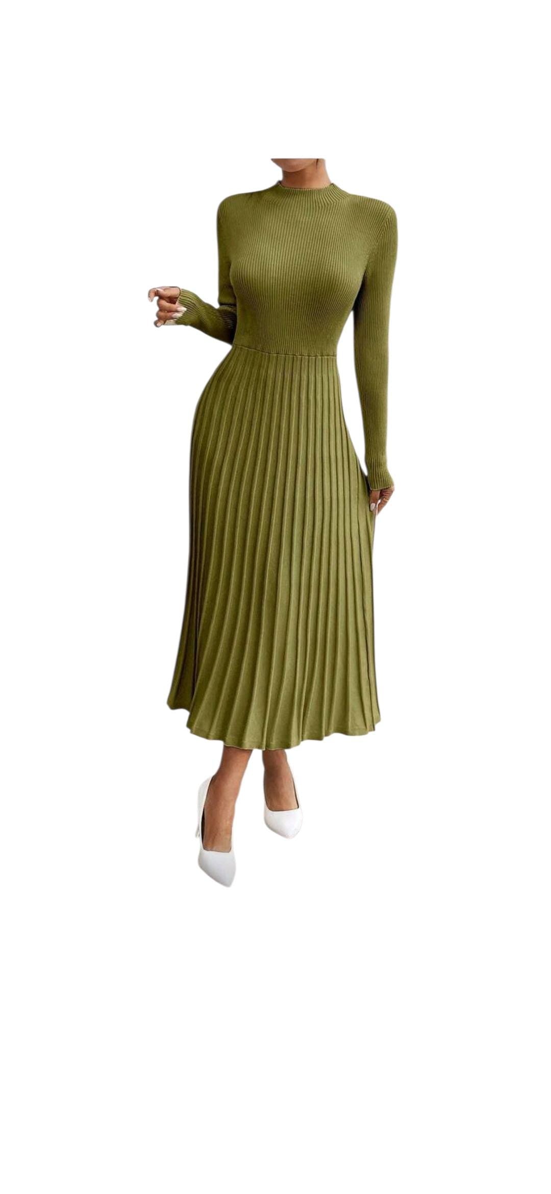 Long Sleeve Pleated Sweater Dress With Fringes
