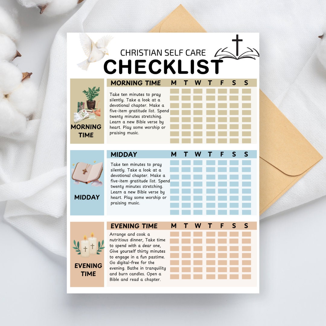 Christian Self Care Checklist: Prayer, Bible Study, Daily Routine (Printable Digital)