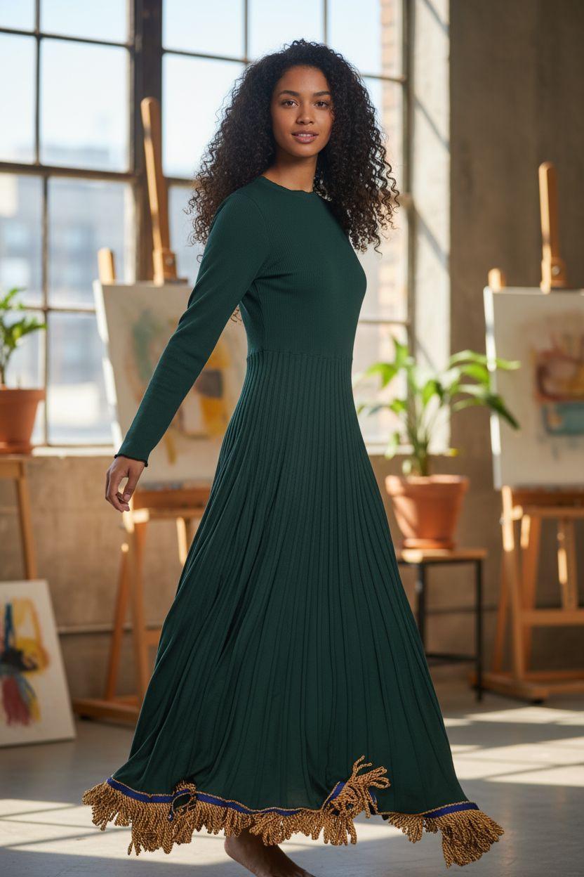 Long Sleeve Pleated Sweater Dress With Fringes
