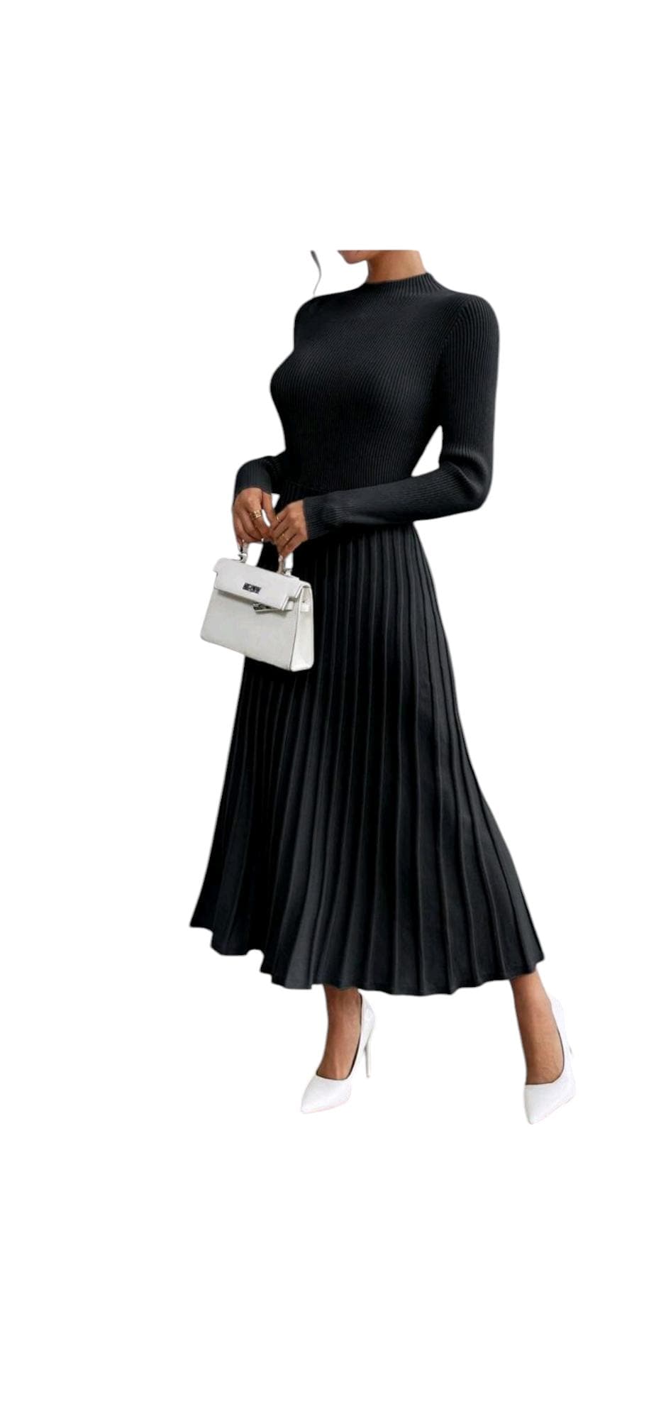 Long Sleeve Pleated Sweater Dress With Fringes