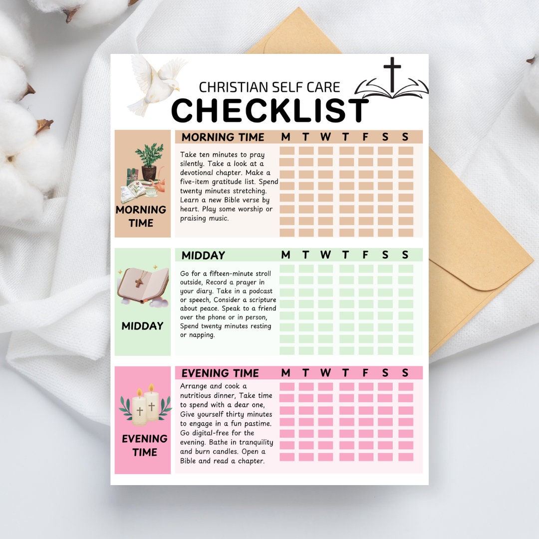 Christian Self Care Checklist: Prayer, Gratitude, Bible Study (Printable)