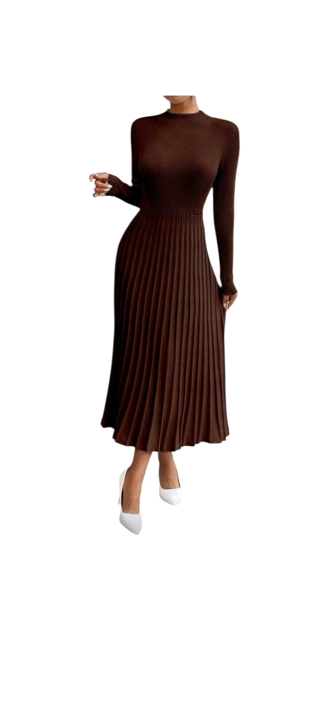 Long Sleeve Pleated Sweater Dress With Fringes