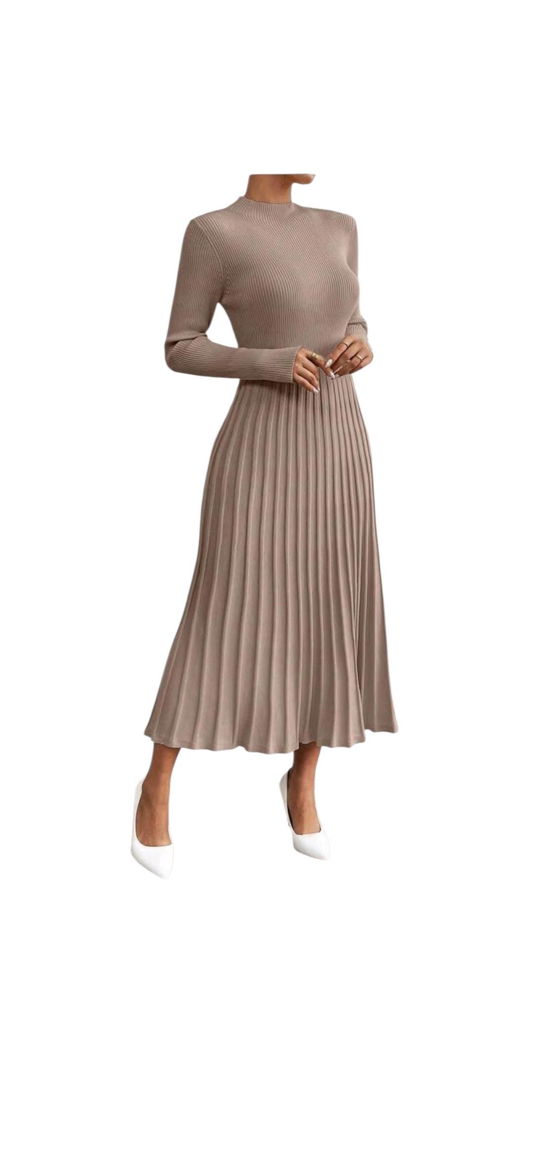 Long Sleeve Pleated Sweater Dress With Fringes