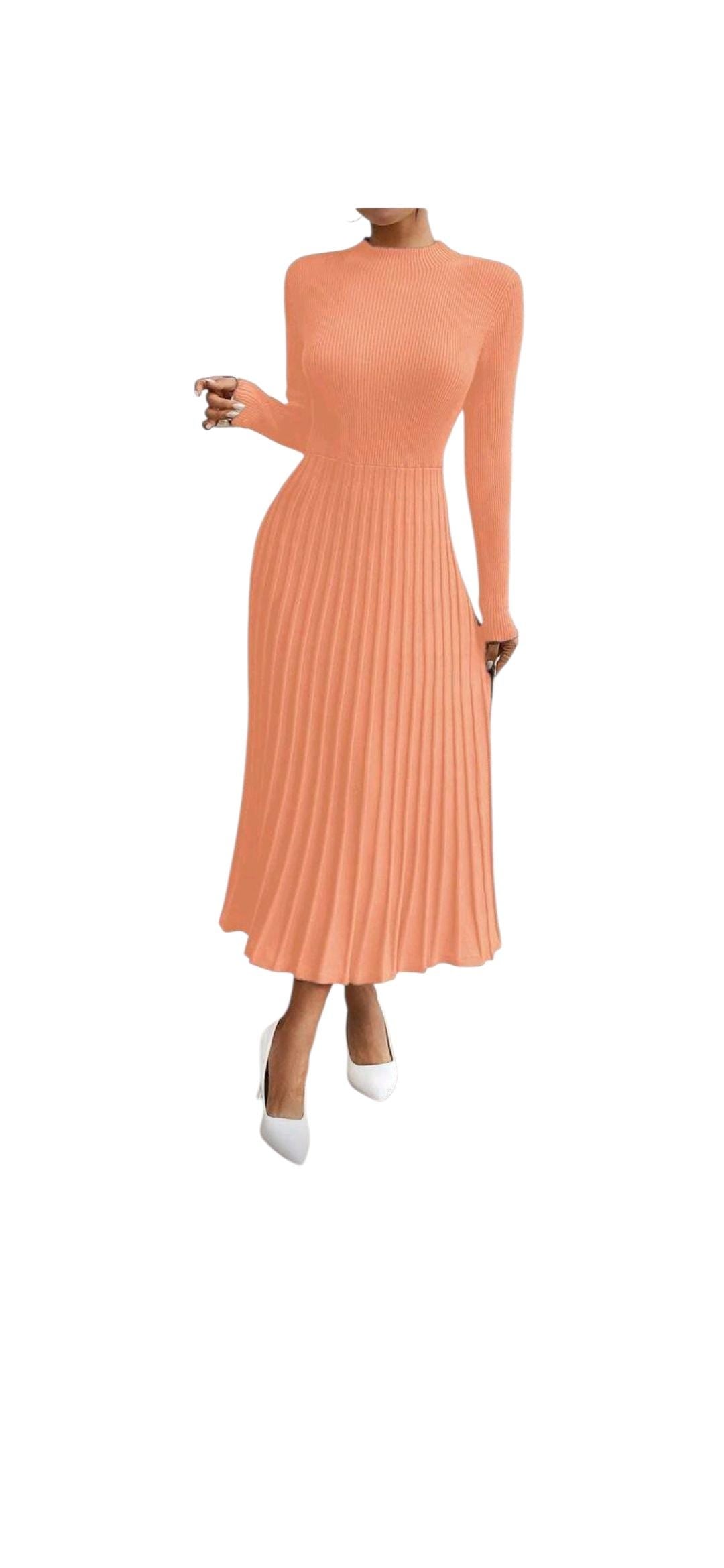 Long Sleeve Pleated Sweater Dress With Fringes